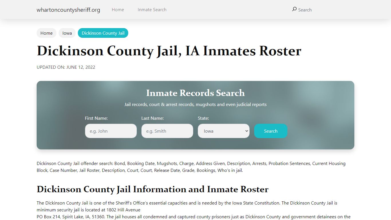 Dickinson County Jail, IA Jail Roster, Name Search