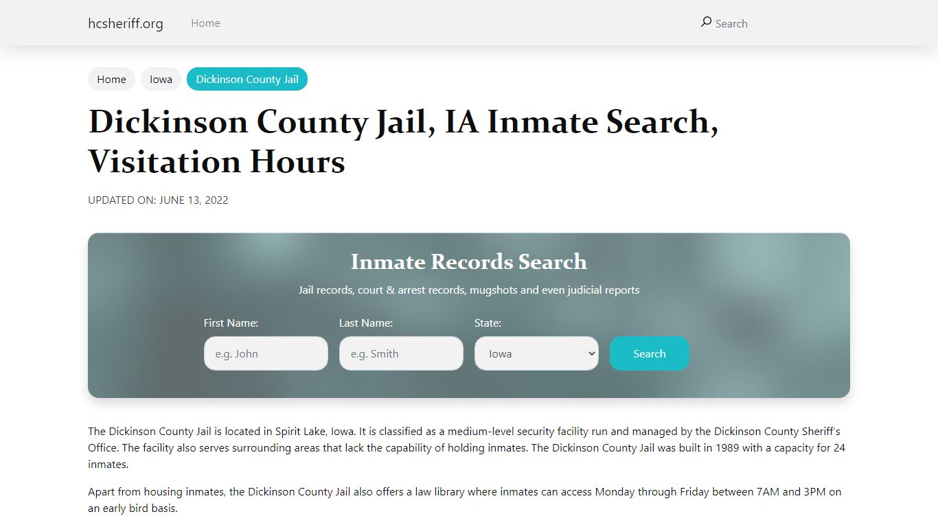 Dickinson County Jail, IA Inmate Search, Visitation Hours